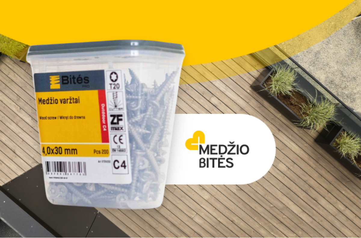 Bites PRO medvaržčių gidas – kaip pasirinkti tinkamą varžtą lauko darbams ir terasoms Bites PRO medvaržčių gidas – kaip pasirinkti tinkamą varžtą lauko darbams ir terasoms